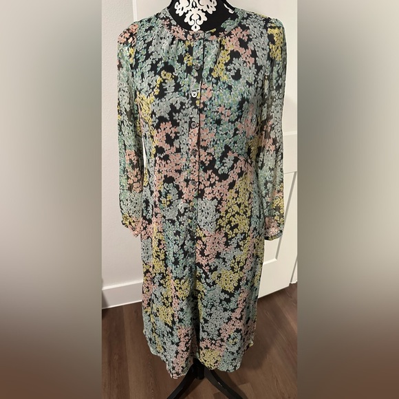 LOFT Midi Floral Long Sleeve Shirt Dress Petite Multicolor - Picture 4 of 15
